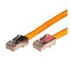 Orange Ethernet cable with metal connectors against a white background.