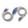 A computer cable with two blue connectors on a white background.