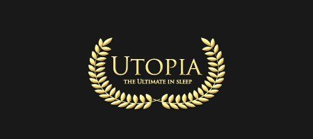 a logo for utopia mattresses, the ultimate in sleep, with a laurel wreath on a black background.