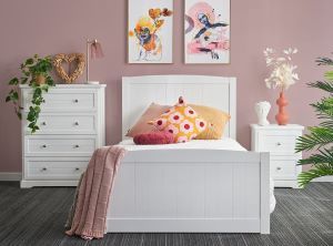 white bedroom suite with a king single bed, bedside table and a tollboy