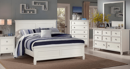 white bedroom suite queen/king bed, tallboy, bedside table and a dresser with mirror.