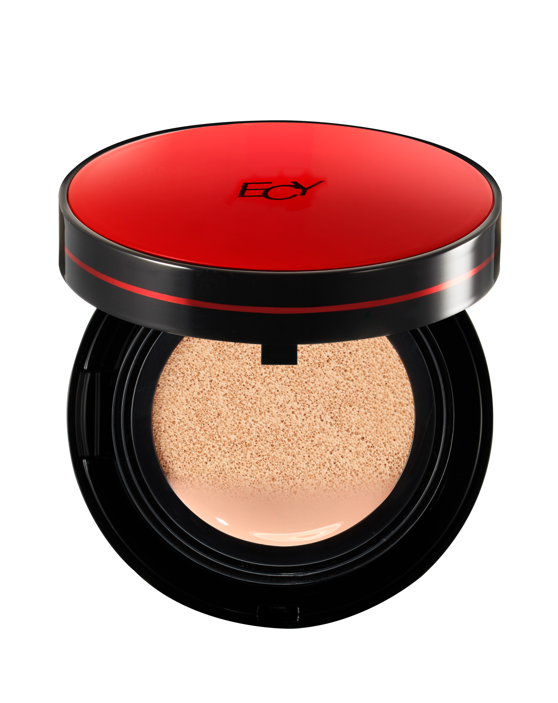 紅黑色粉餅狀化妝墊。打開後，裡面是米色海綿。