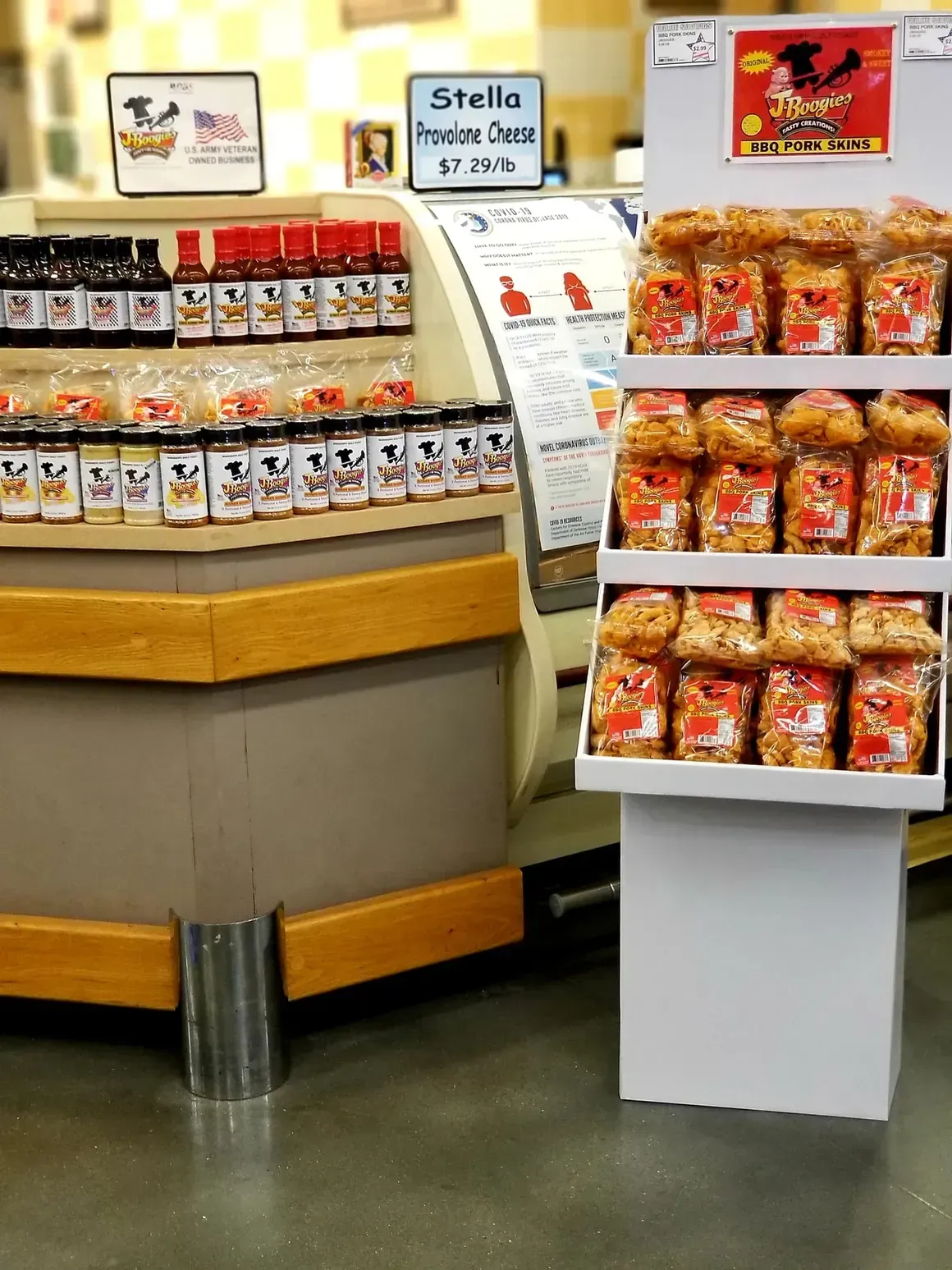 J-Boogie’s BBQ products displayed for sale in local stores.