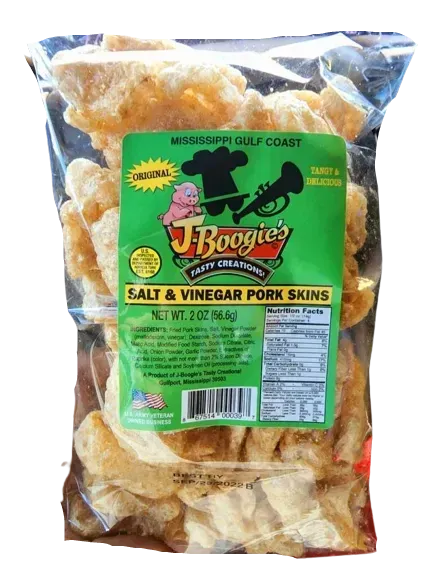 J-Boogie’s Salt & Vinegar Pork Skins for sale in stores.