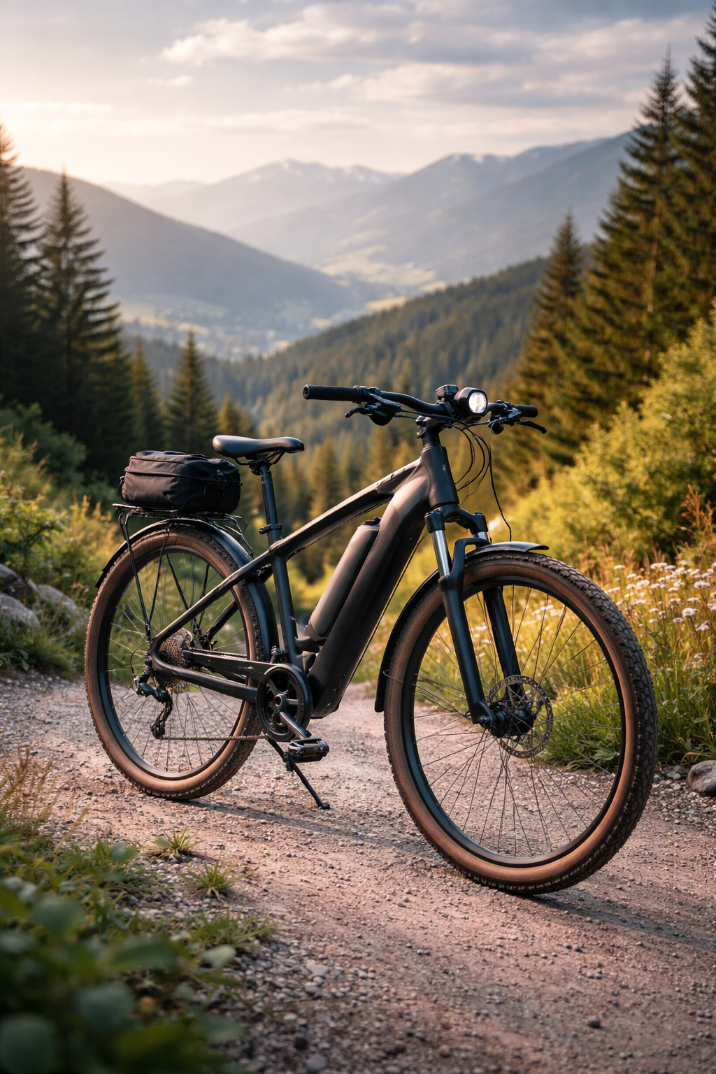 E-bike nera su un sentiero sterrato, montagne sullo sfondo, valle soleggiata, alberi, con una borsa sul portapacchi.