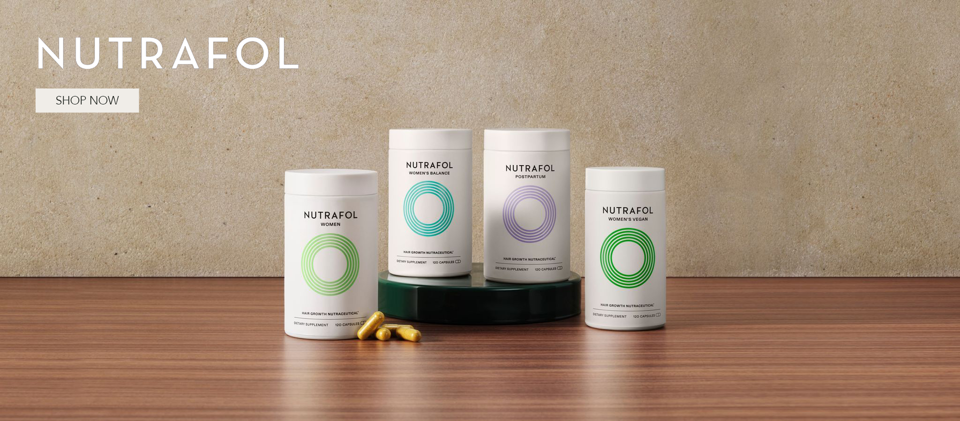 Nutrafol banner showing various hair growth supplements