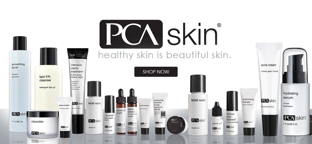 PCA Skin banner showing various skincare products