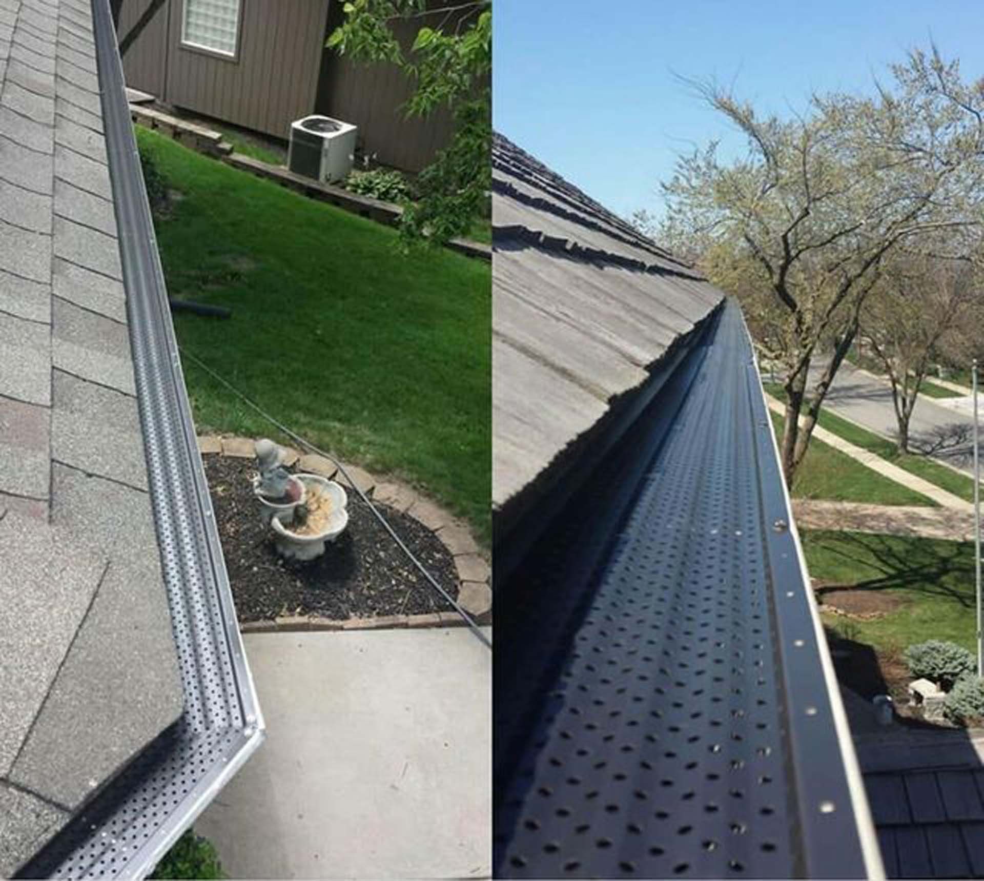A before and after picture of a gutter on a roof