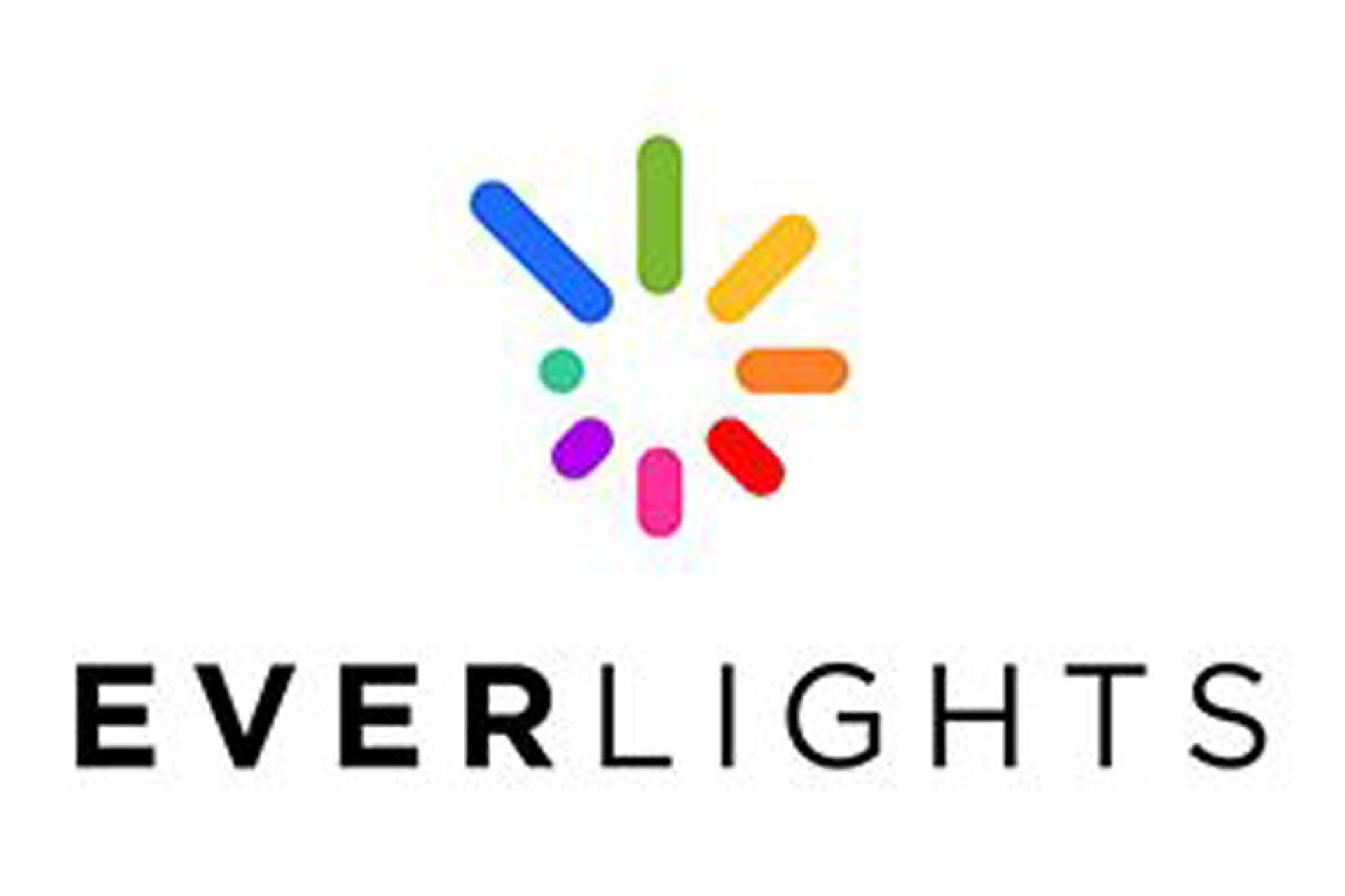 The logo for everlights is a rainbow colored circle with the words everlights below it.