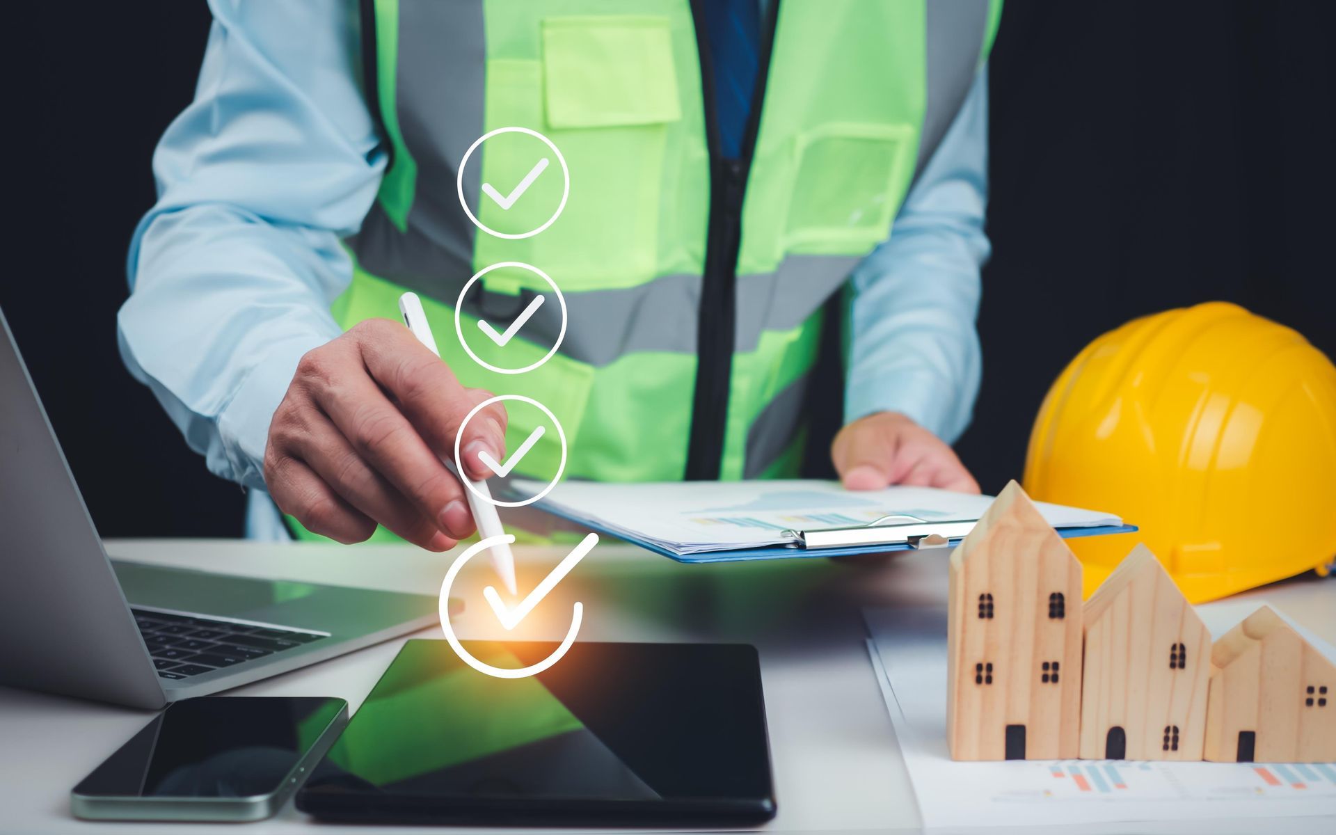 A construction worker is holding a clipboard and a pen.