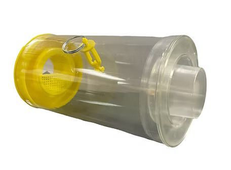 A clear plastic container with a yellow lid and handle on a white background.