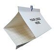 A white paper bag is hanging from a string on a white background.