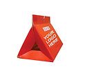 A red triangle with a logo on it on a white background.