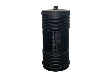 A black plastic barrel with a lid on a white background.