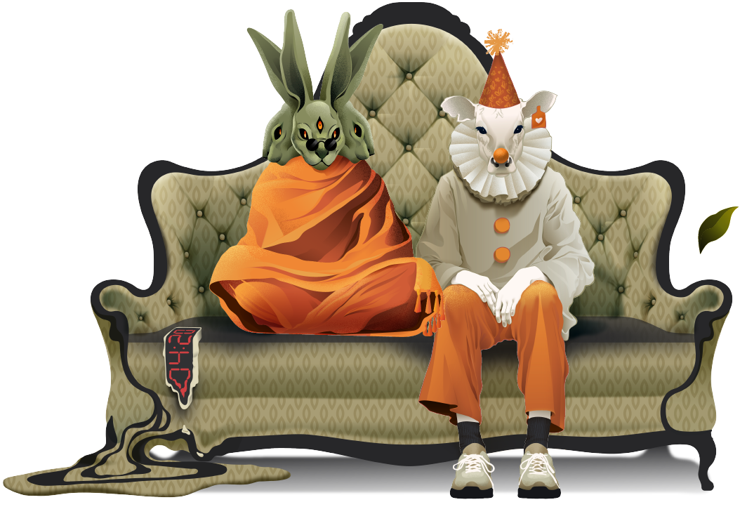 A surreal artwork features a masked, robed figure and a clown-like character with an animal mask seated on an ornate sofa.