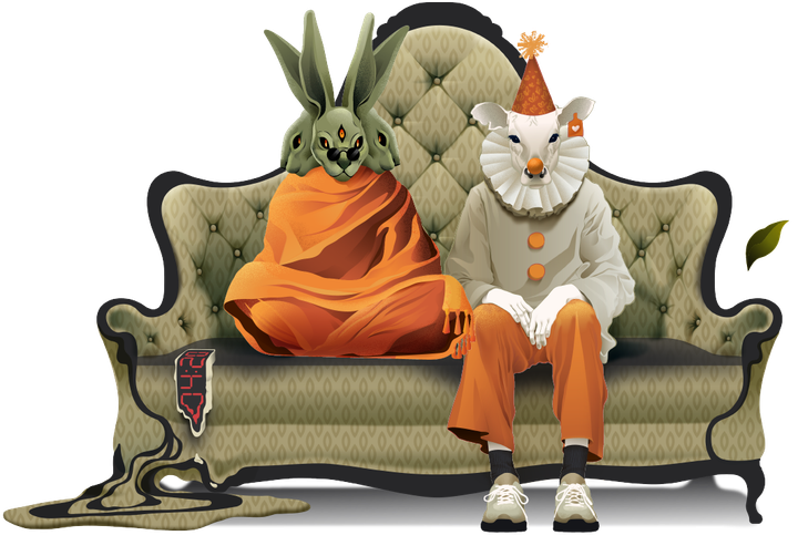 Two costumed figures with animal masks sit on an ornate couch next to a puddle of black liquid.