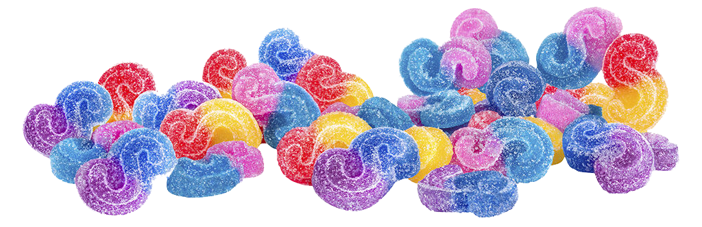 A scattered pile of colorful, textured, circular candies in shades of blue, purple, red, and yellow.