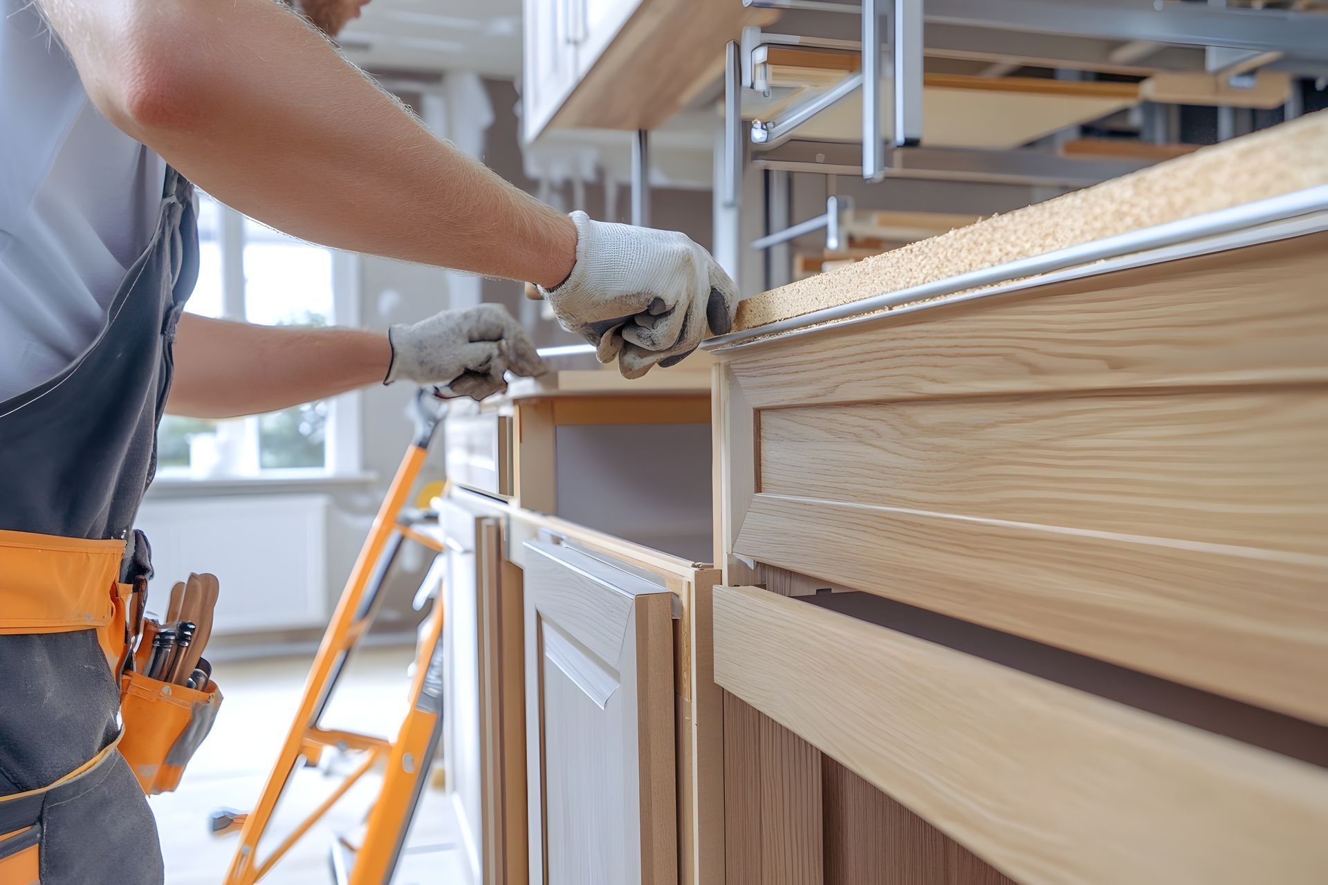 A person in work clothes and gloves installs light-colored wooden kitchen cabinets in an interior room.