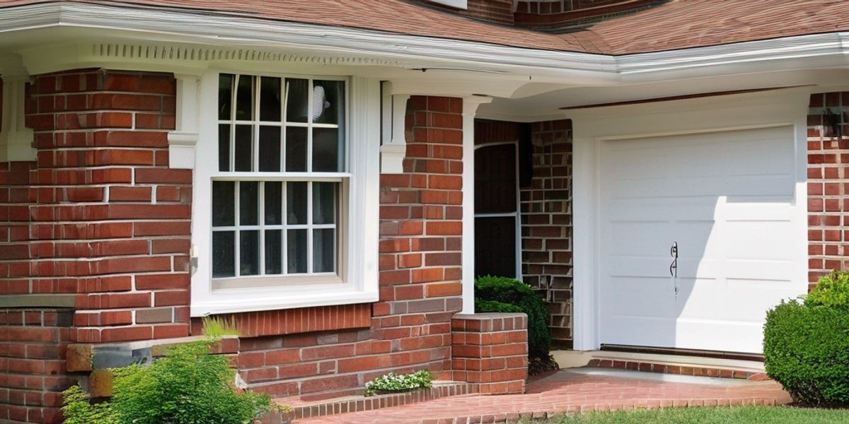 Red brick house with a white window and a white garage door.