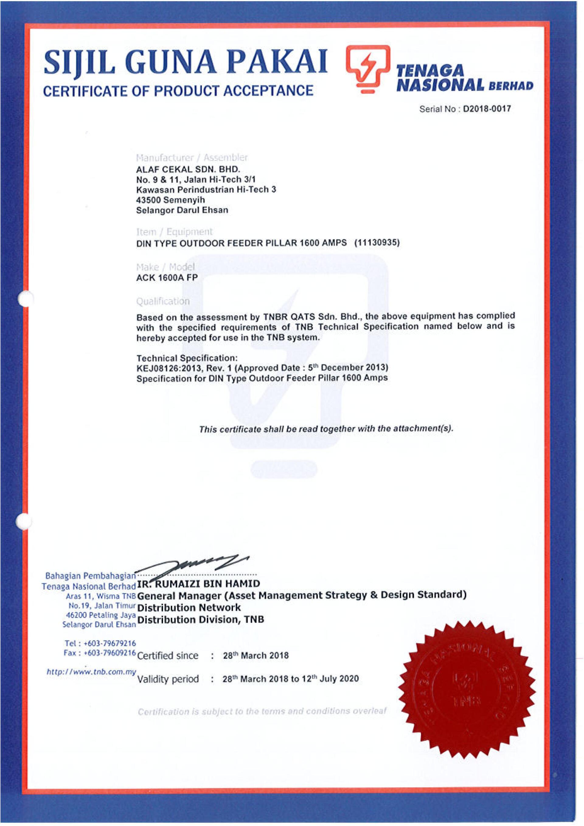 Certificate of Product Acceptance from the Malaysian energy commission, with text in Malay and English