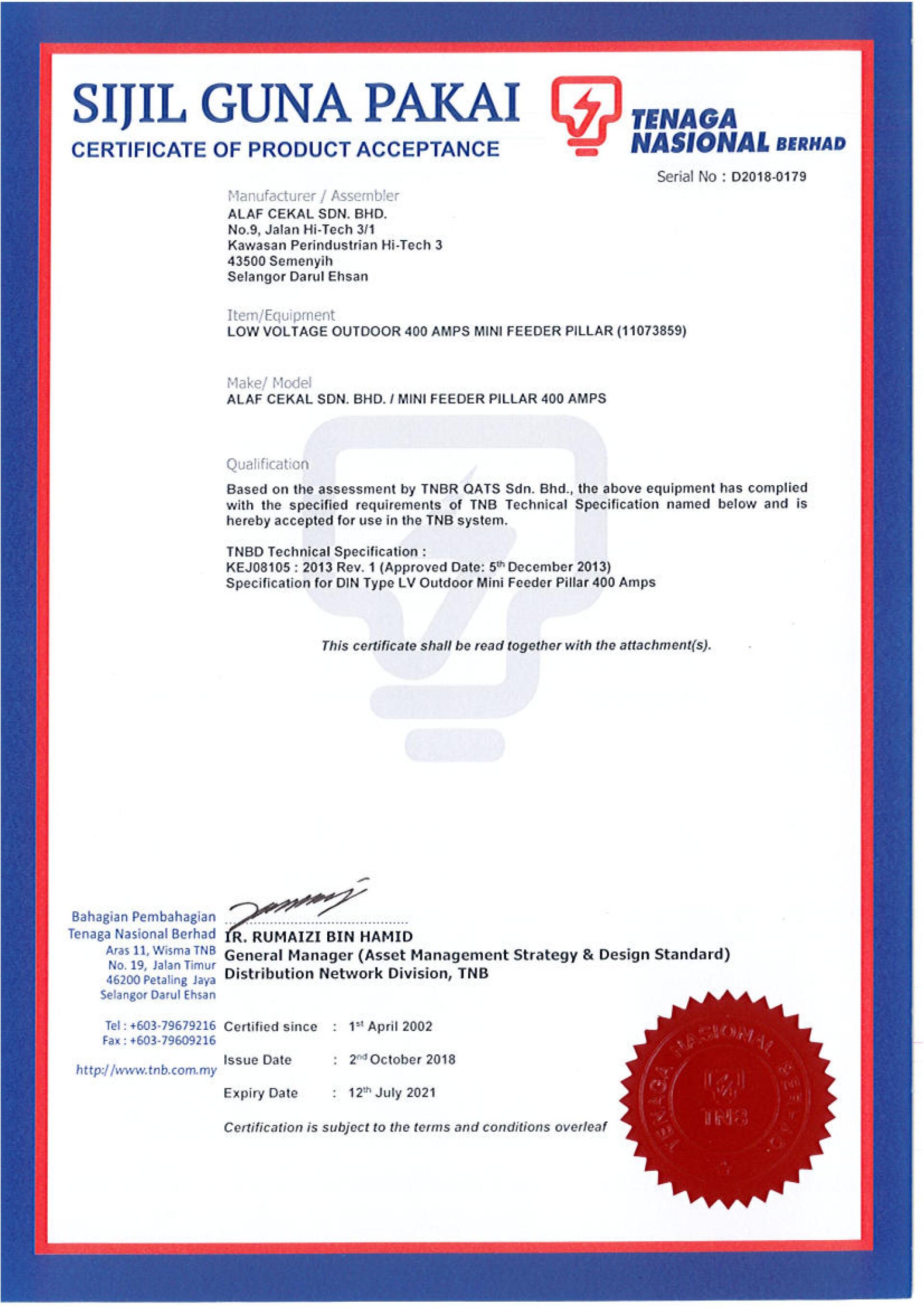 Certificate of Product Approval with blue and red borders, seal, and Malaysian text.