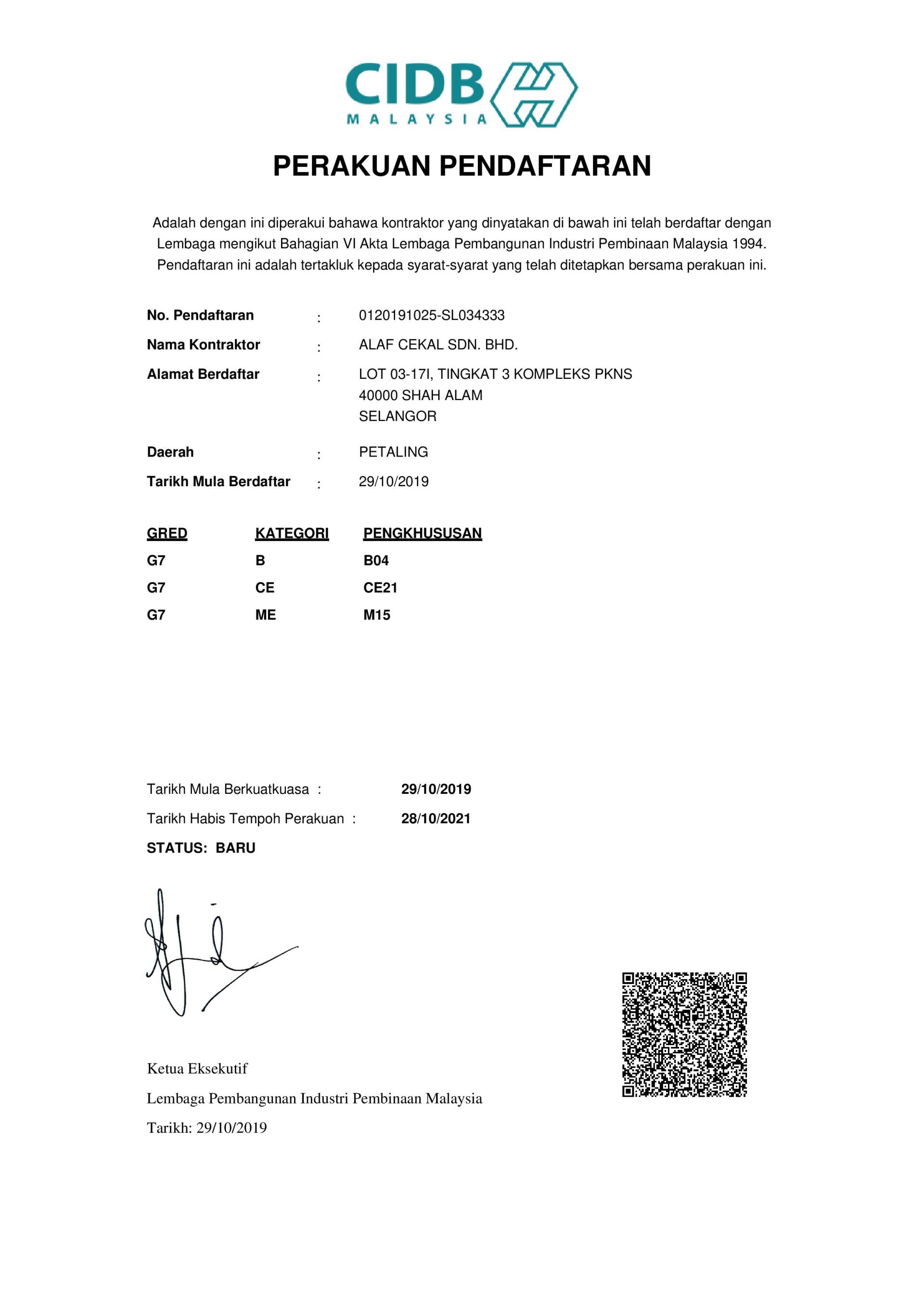 CIDB Malaysia Registration Certificate with details and QR code.