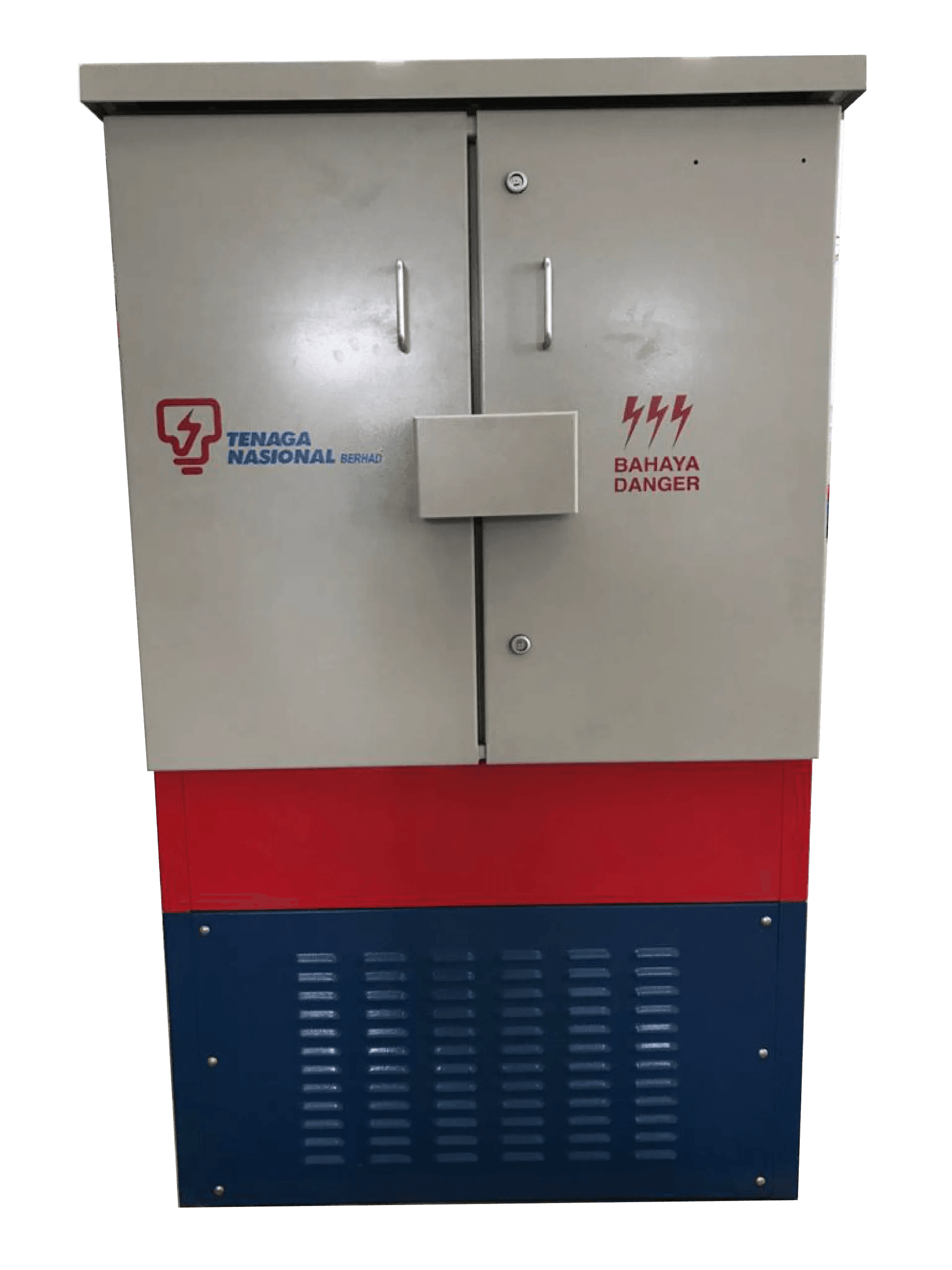 Electrical cabinet, beige top, red and blue base, with logos on doors.