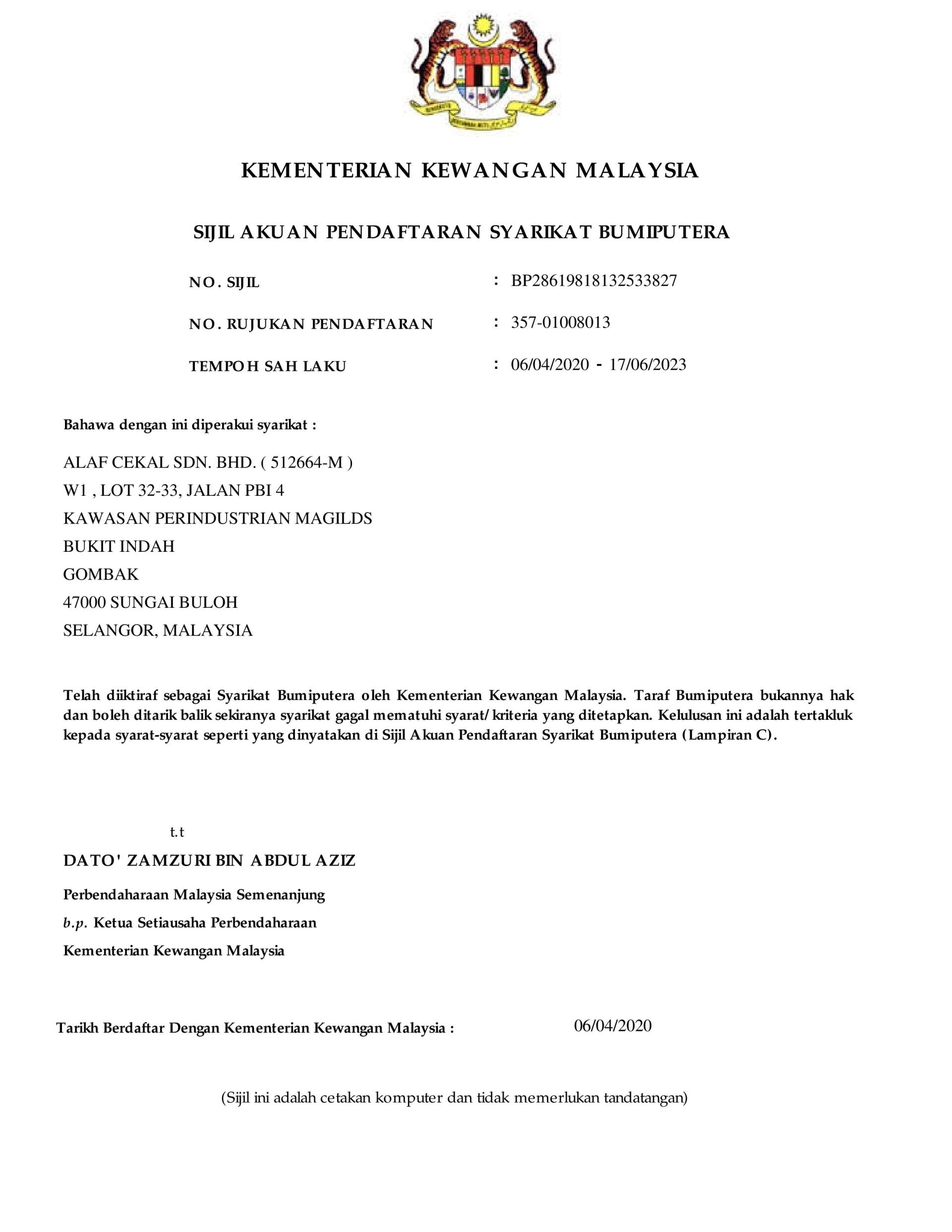 Official document from the Malaysian Ministry of Finance, with text and the national emblem at the top.
