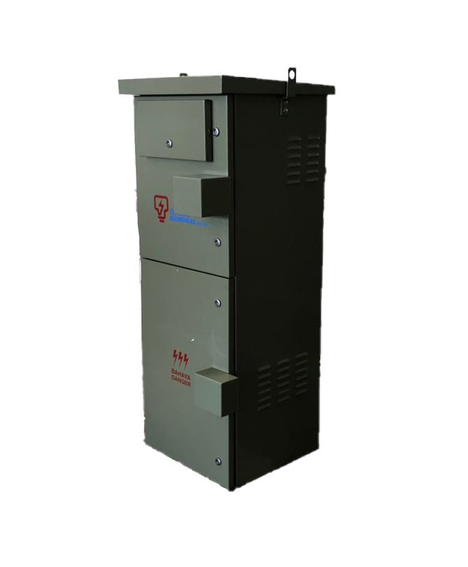 Gray electrical transformer cabinet, outdoors. Features various access panels, vents, and safety symbols.