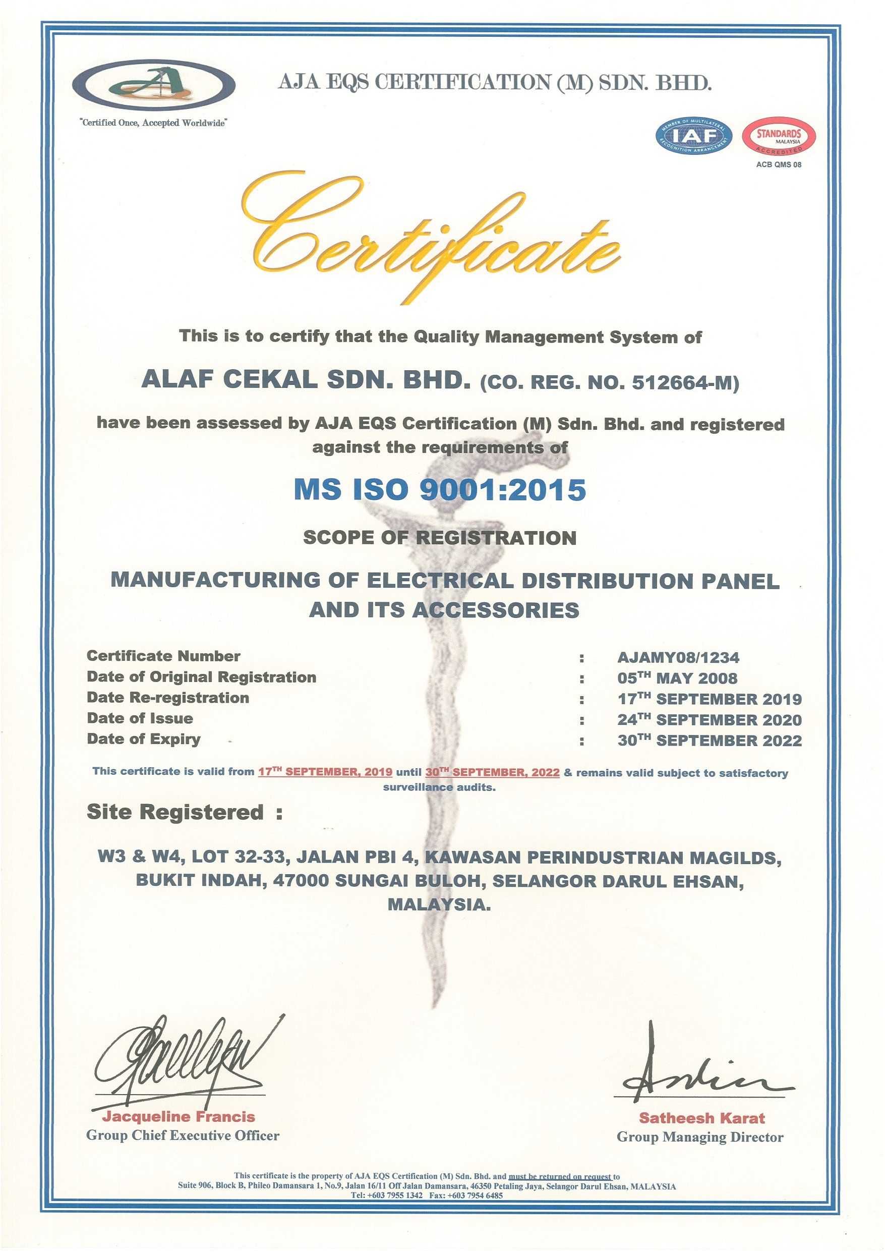 Certificate for ALEP CERDI SON. BHD. showing ISO 9001:2015 for manufacturing electrical distribution panels.