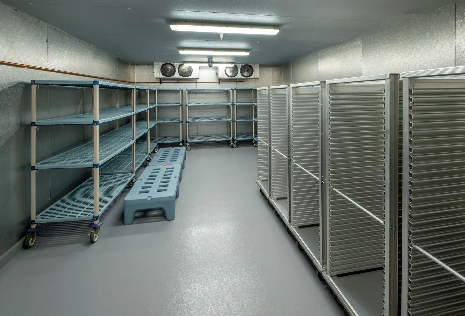 Empty walk-in cooler with gray floor and walls. Racks and shelving line the room.