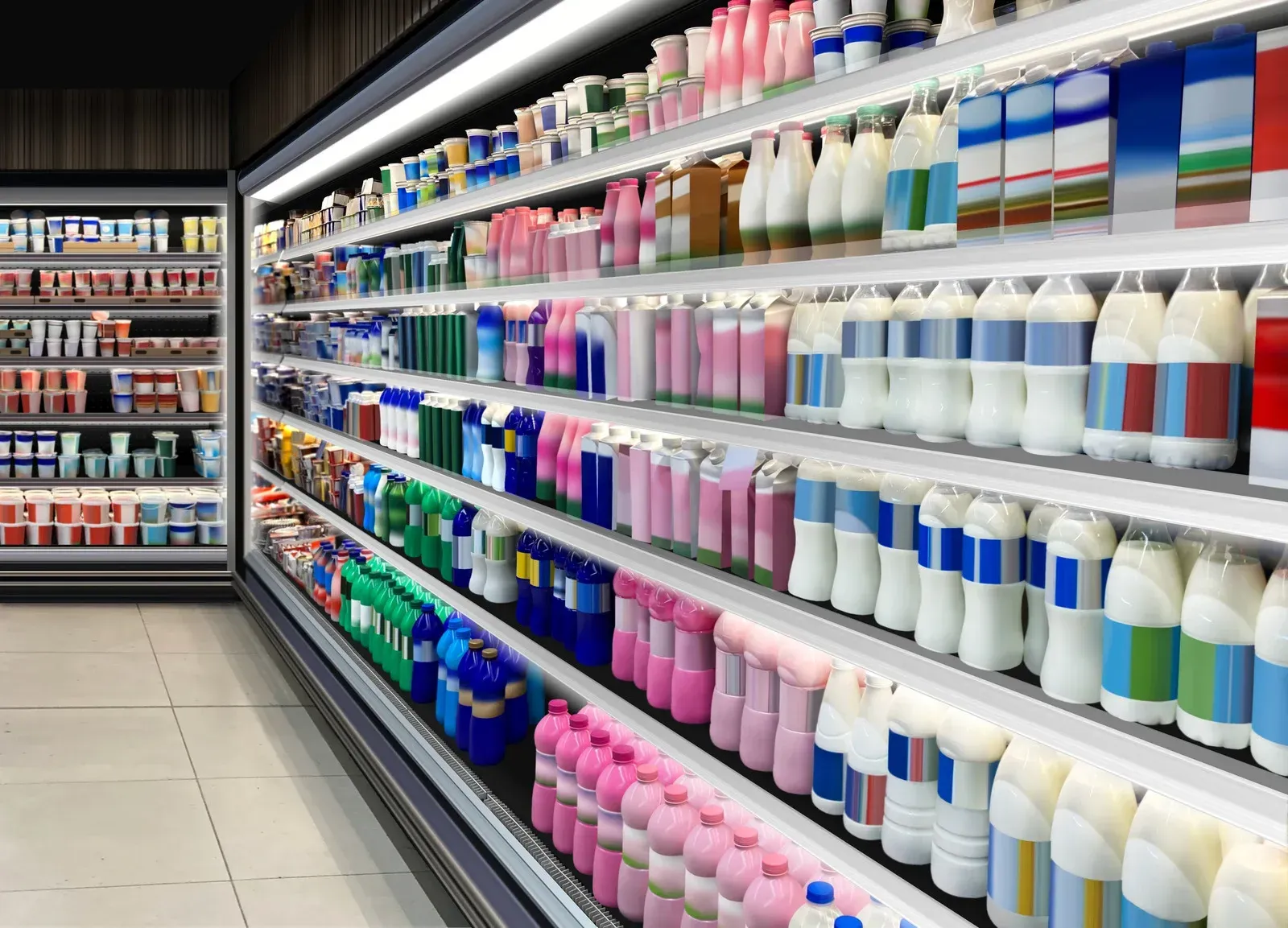 Refrigerated dairy aisle in a grocery store; milk, yogurt, and other products are arranged on shelves.