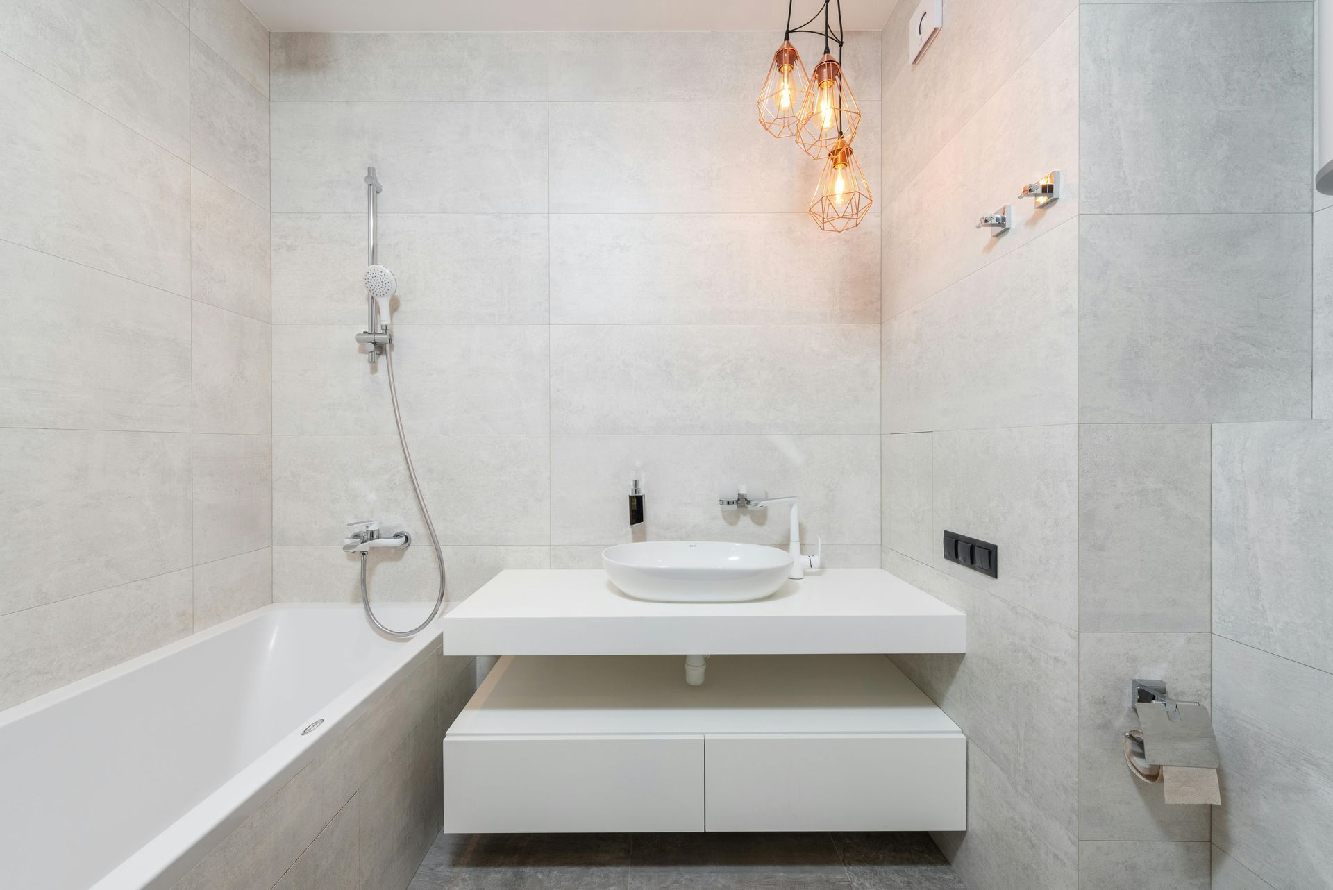A Bathroom With A Sink, Mirror And Wooden Cabinets — Smart Tiles In South Kempsey, NSW