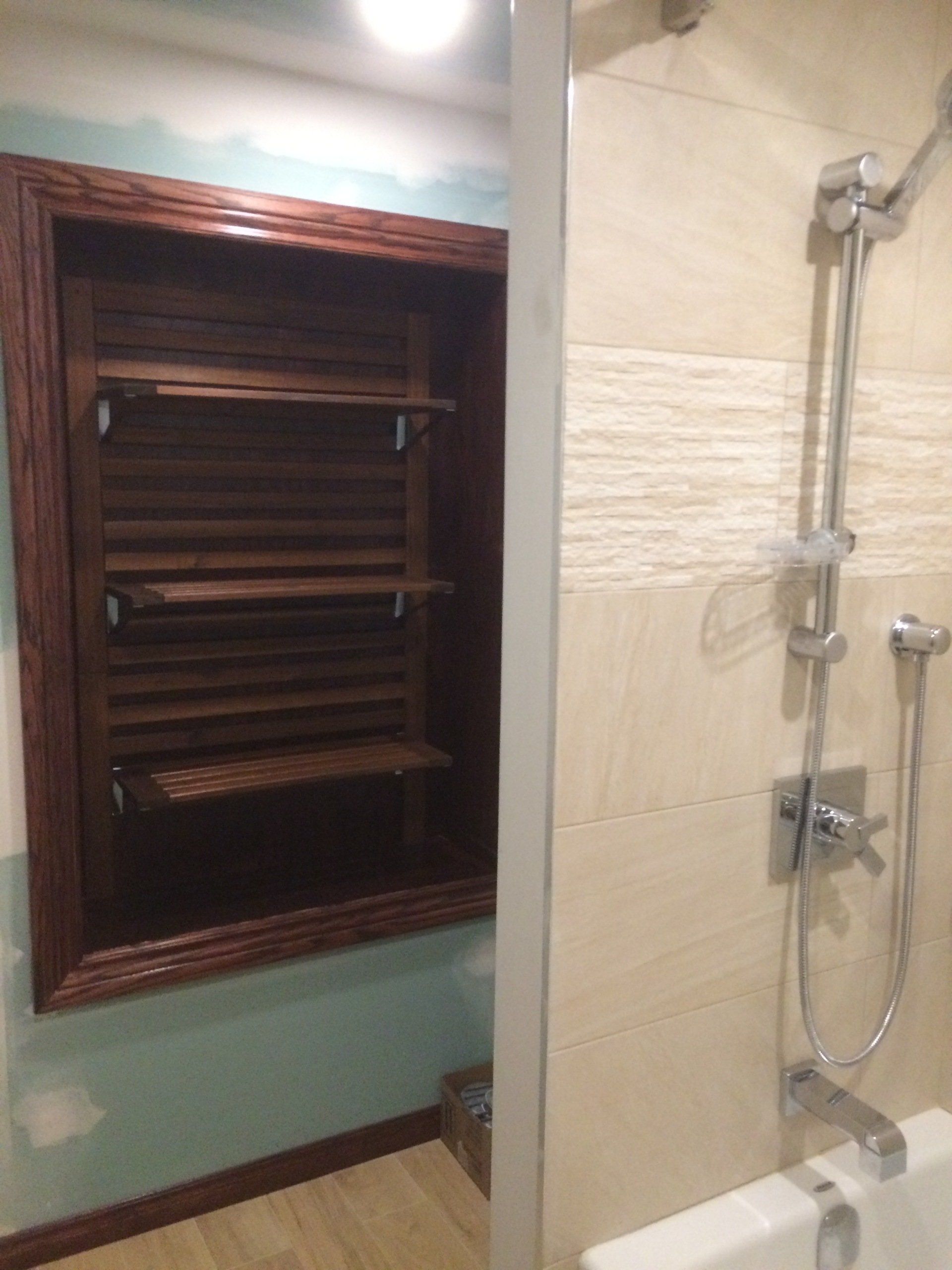 Bathroom tile and built in shelf
