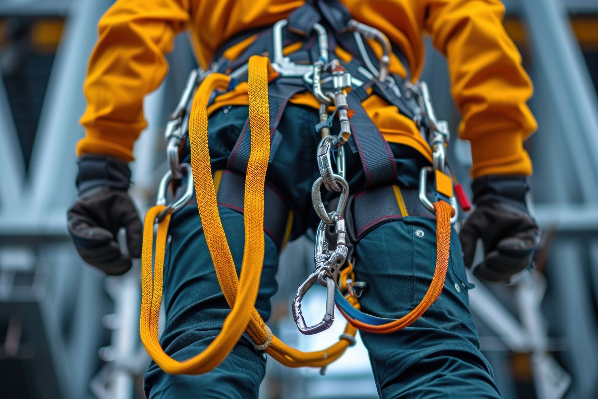 A man is wearing a safety harness and gloves.