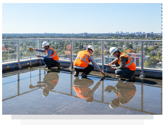 Three workers in orange vests and hard hats inspect a wet rooftop, measuring and inspecting. City skyline in the background.