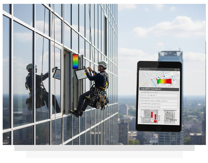 Abseiler rappelling on skyscraper, using tablet for data.
