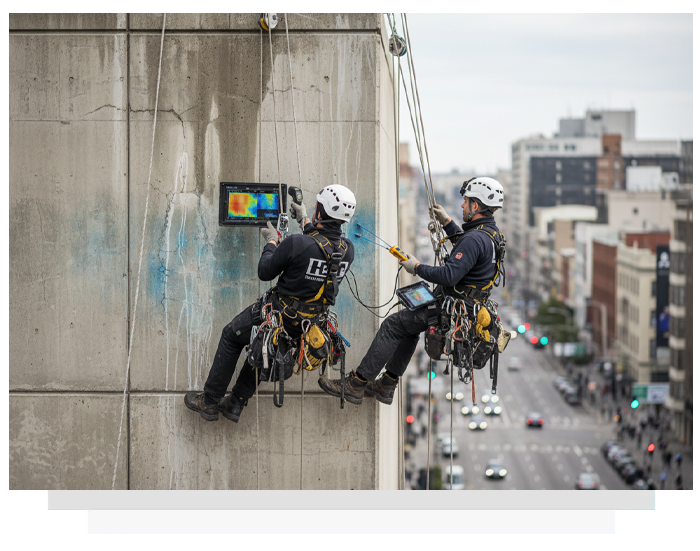 Two workers suspended from a building, using ropes and a thermal camera, surveying a cityscape.
