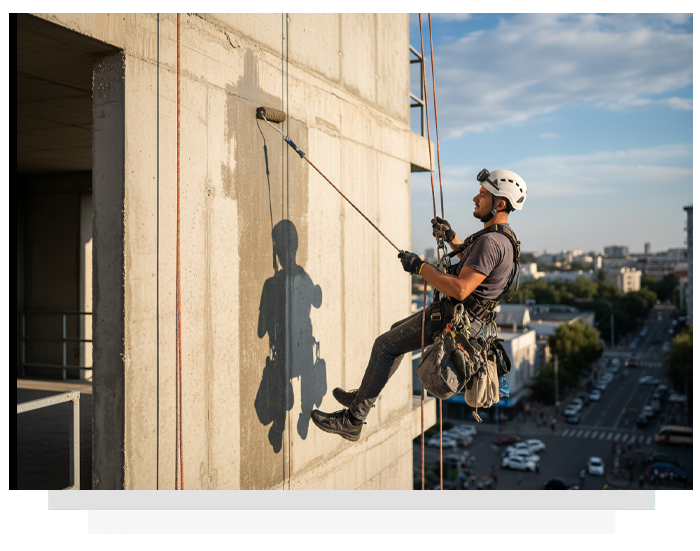 Construction worker painting building exterior, suspended from ropes.