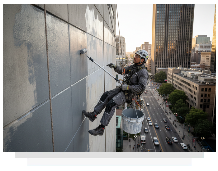 Man painting a high-rise building exterior, suspended by ropes, with city street and tall buildings in the background.