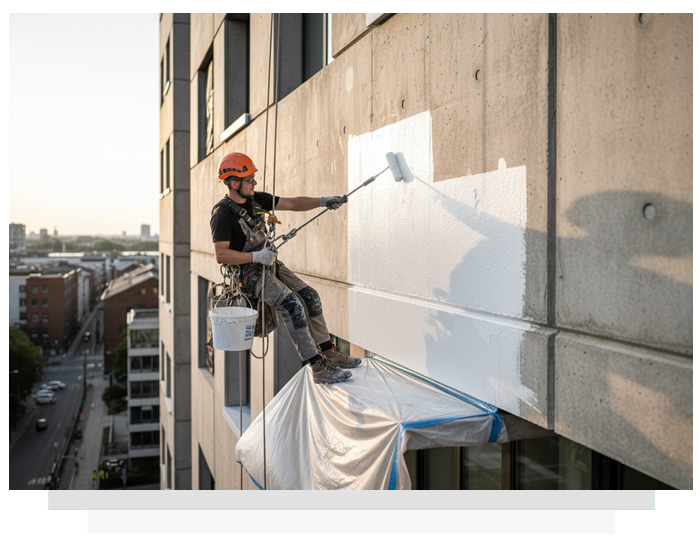 Construction worker painting exterior wall, suspended by ropes, using a roller. City buildings visible in the background.