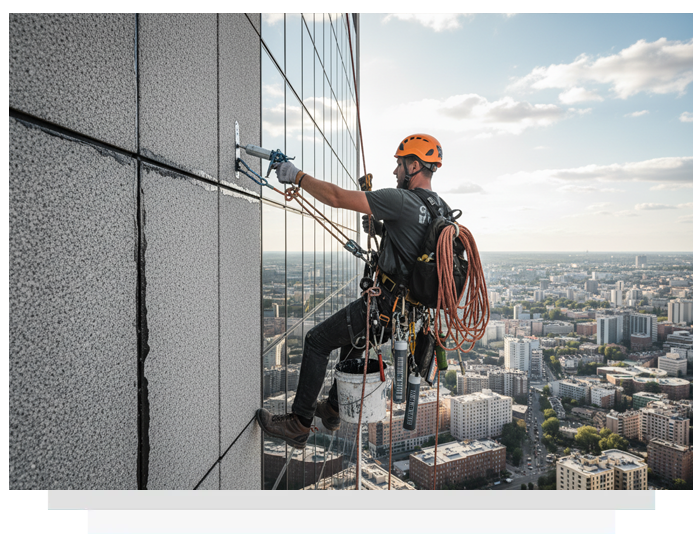 Window washer on a skyscraper, secured by ropes and harness, cleaning glass with cityscape backdrop.