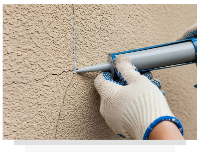 Person applying sealant from a caulking gun to a crack in a beige stucco wall, wearing gloves.