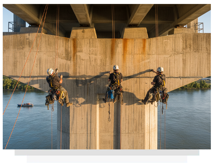 Three workers rappel down a concrete bridge column, inspecting it. Sunlight illuminates them.