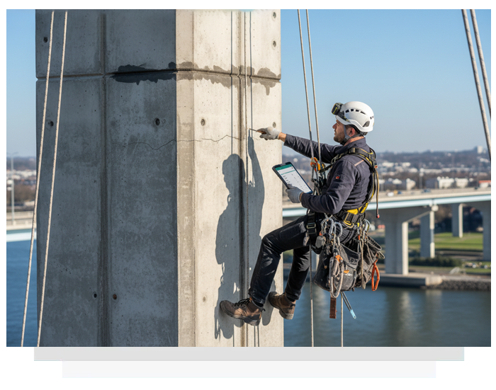 Man inspecting concrete pillar with clipboard, suspended by ropes, near bridge and water.