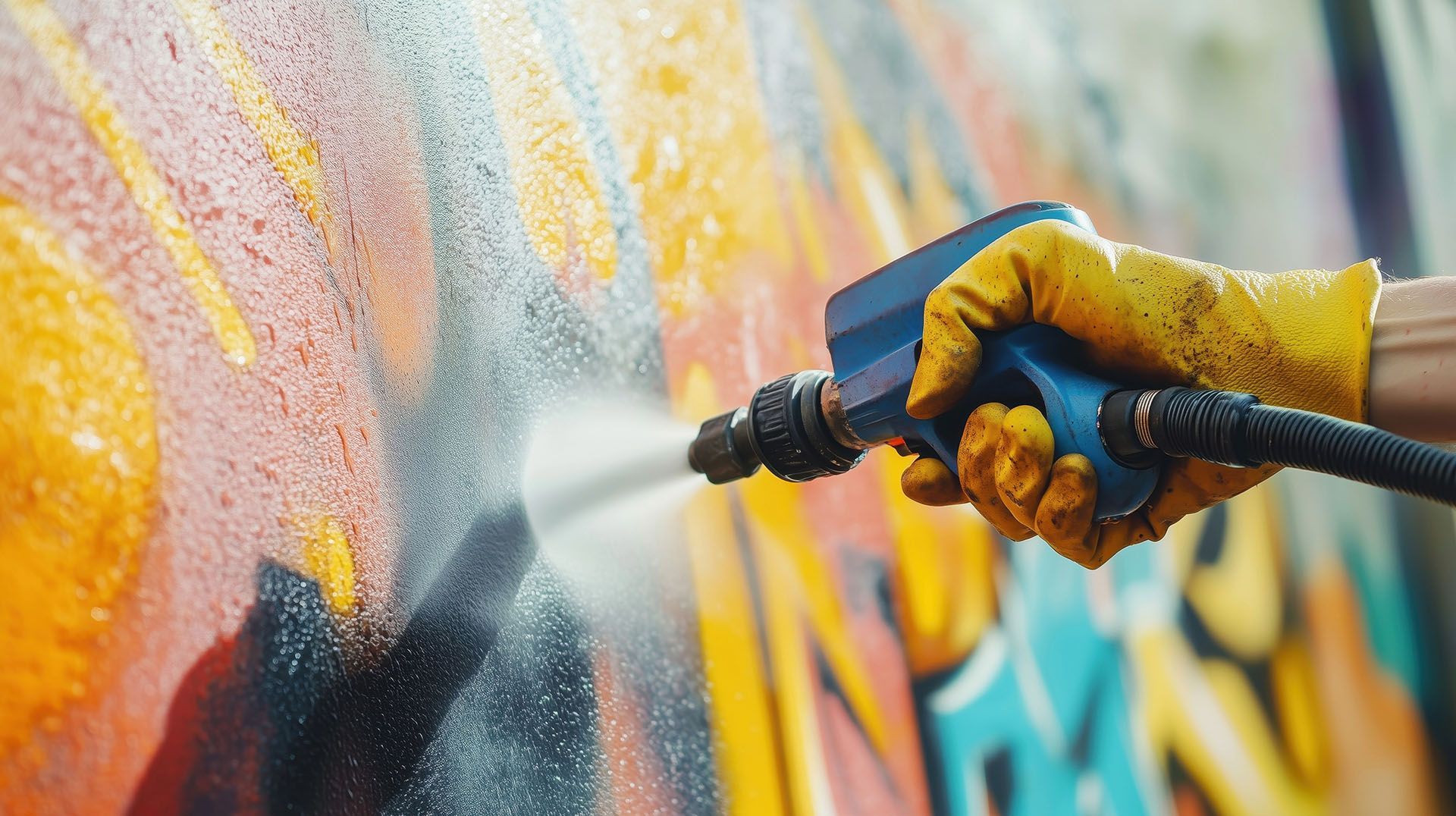 A person removing graffiti from a wall with a pressure washer; close-up of hand in yellow glove.