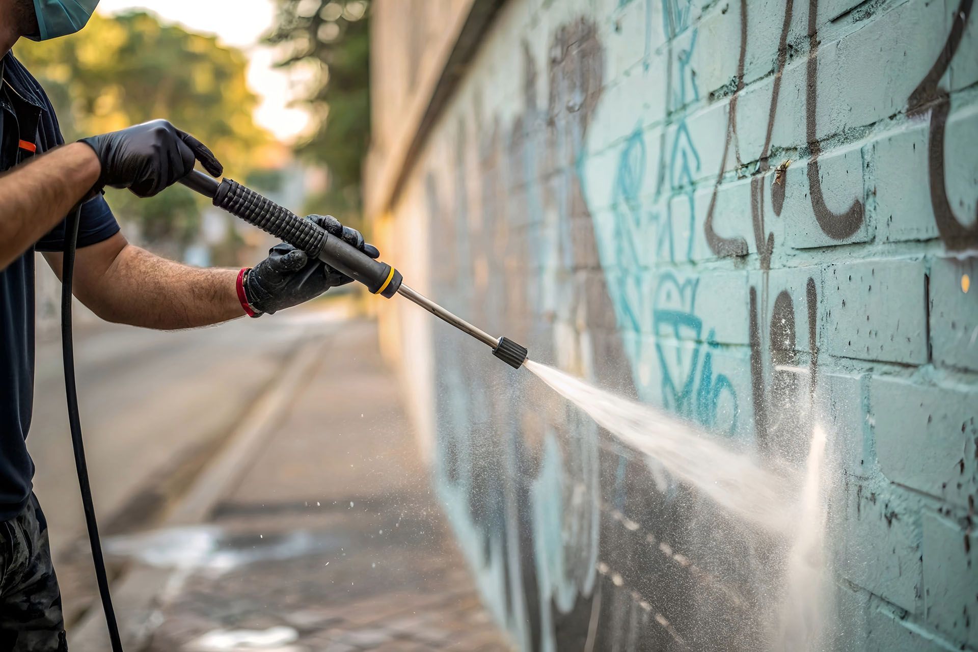 A person in gloves uses a pressure washer to remove graffiti from a brick wall.