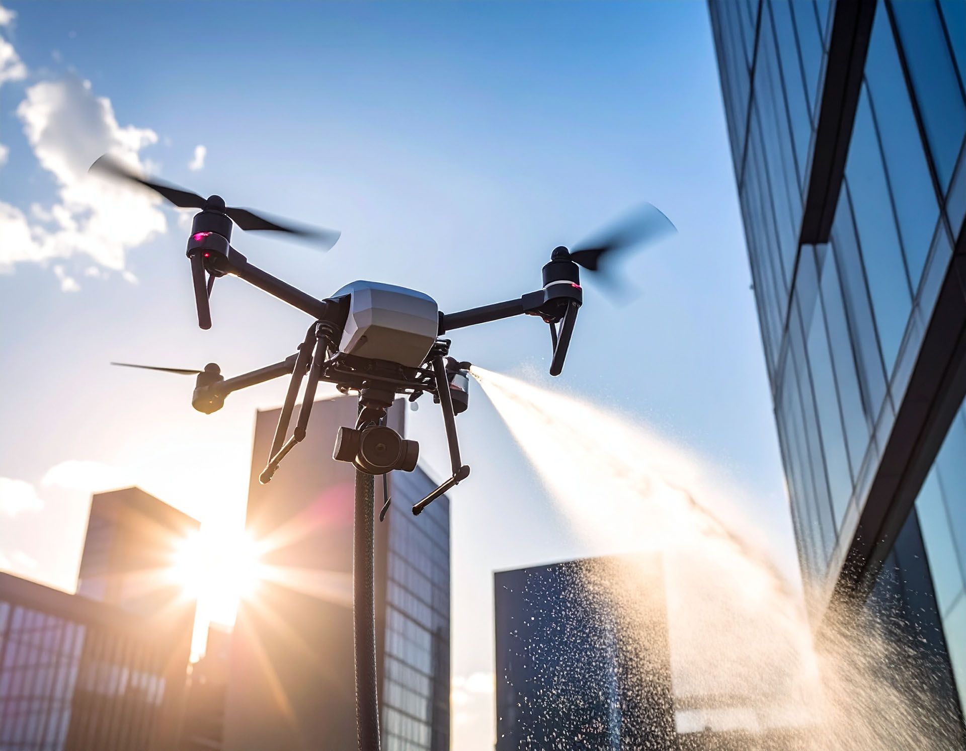A drone is spraying water on a building in a city