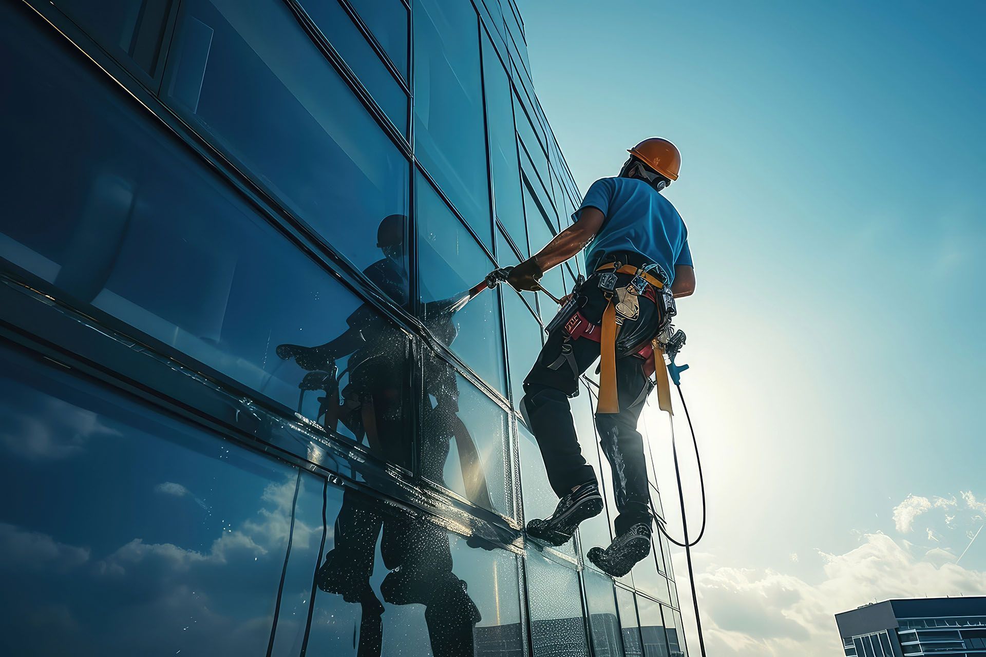 A man is cleaning the windows of a tall building.