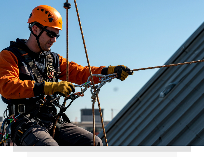 Rope technician in orange helmet and harness rappelling beside a sloped rooftop.
